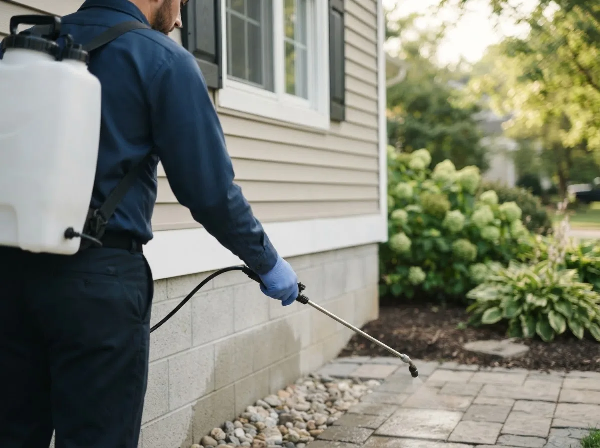 Pest control technician inspecting a home in Greenvale, NY